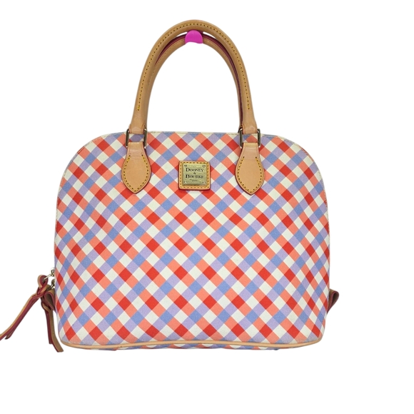 Dooney & Bourke Handbags - Dooney & Bourke Gingham Zip Satchel Red  Blue Leather Bag